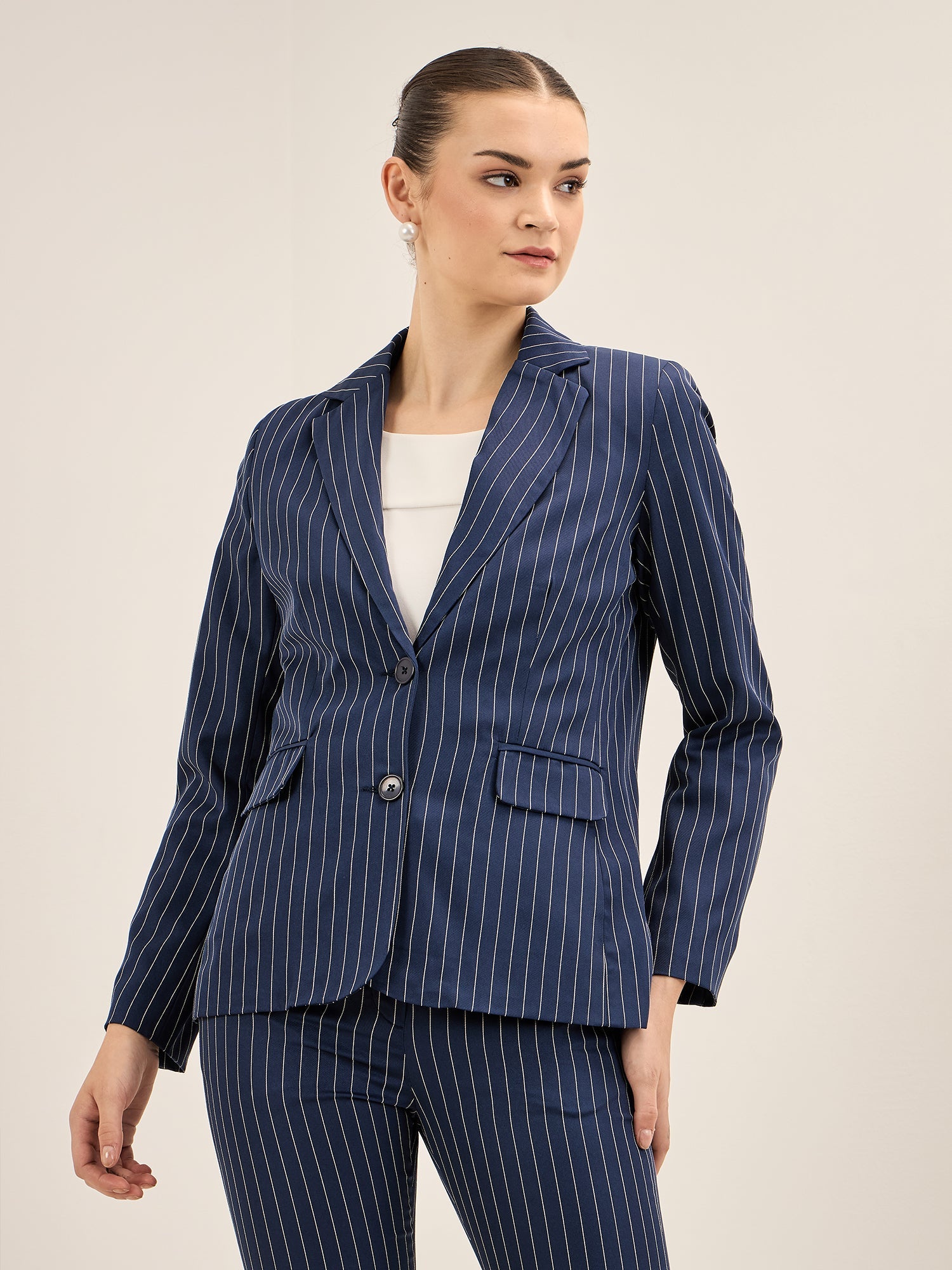 Sincere-Navy Stripes Striped Single Breasted Blazer - Navy