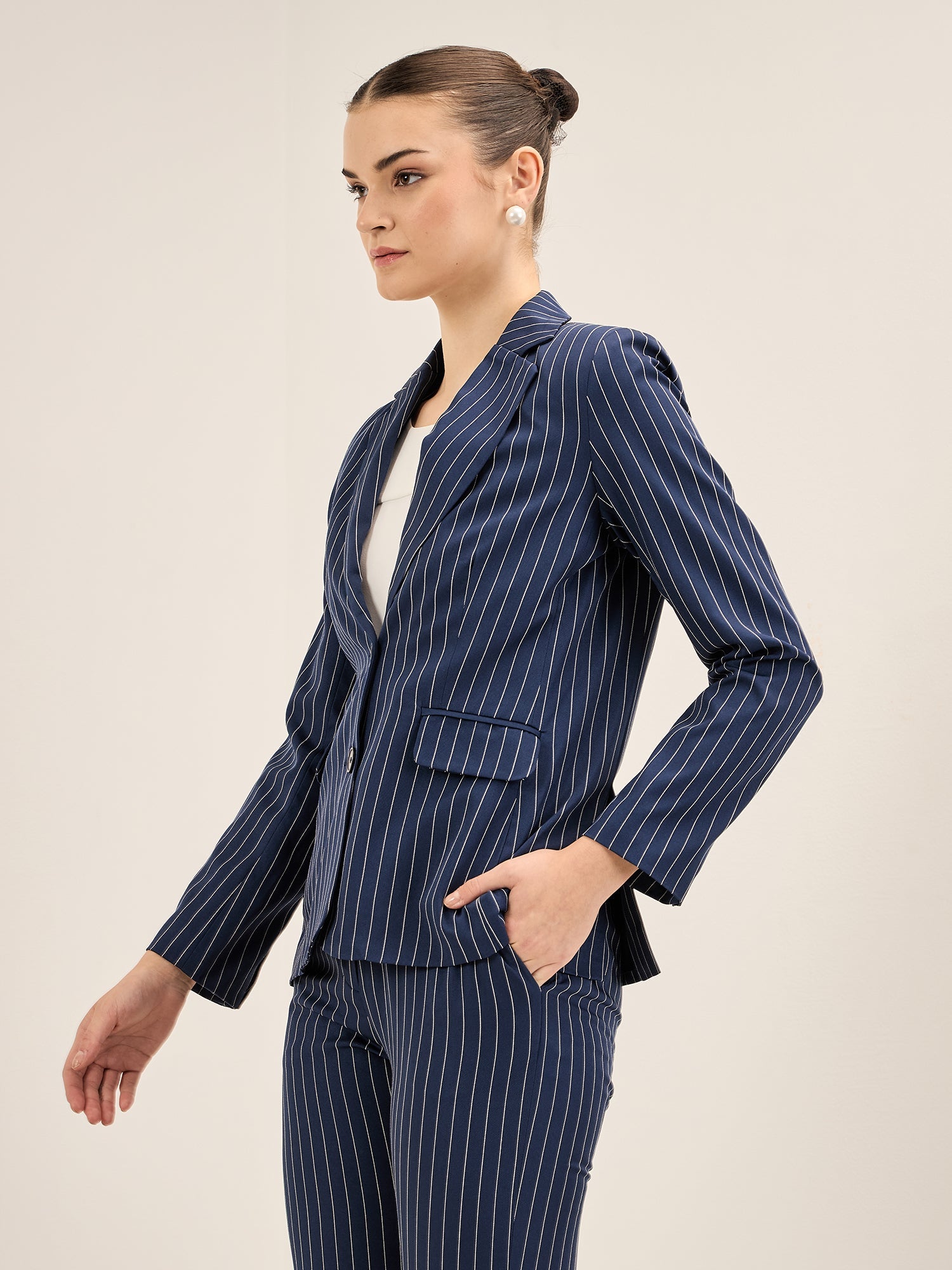 Sincere-Navy Stripes Striped Single Breasted Blazer - Navy