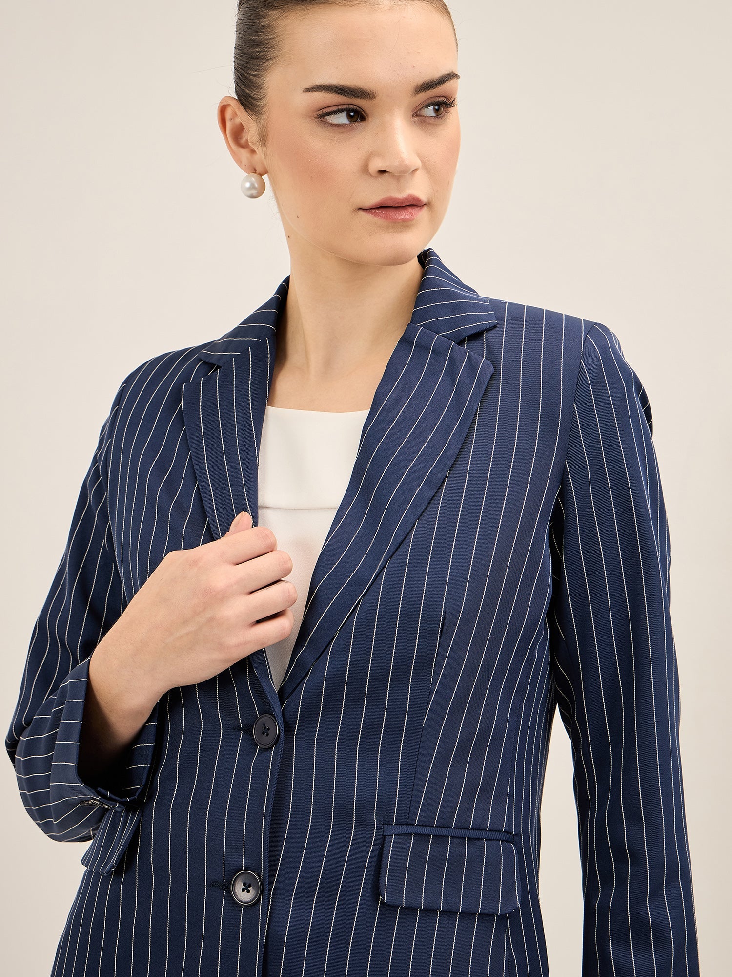 Sincere-Navy Stripes Striped Single Breasted Blazer - Navy