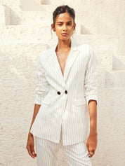 Bold-White Stripes Striped Double Breasted Blazer - White/Black