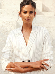 Bold-White Stripes Striped Double Breasted Blazer - White