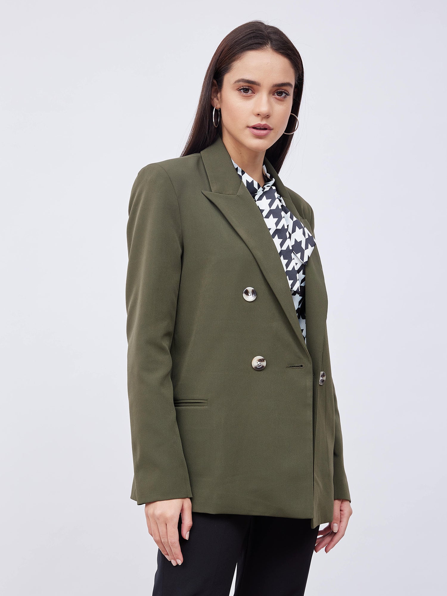 Astute Double-Breasted Longline Blazer - Olive Green