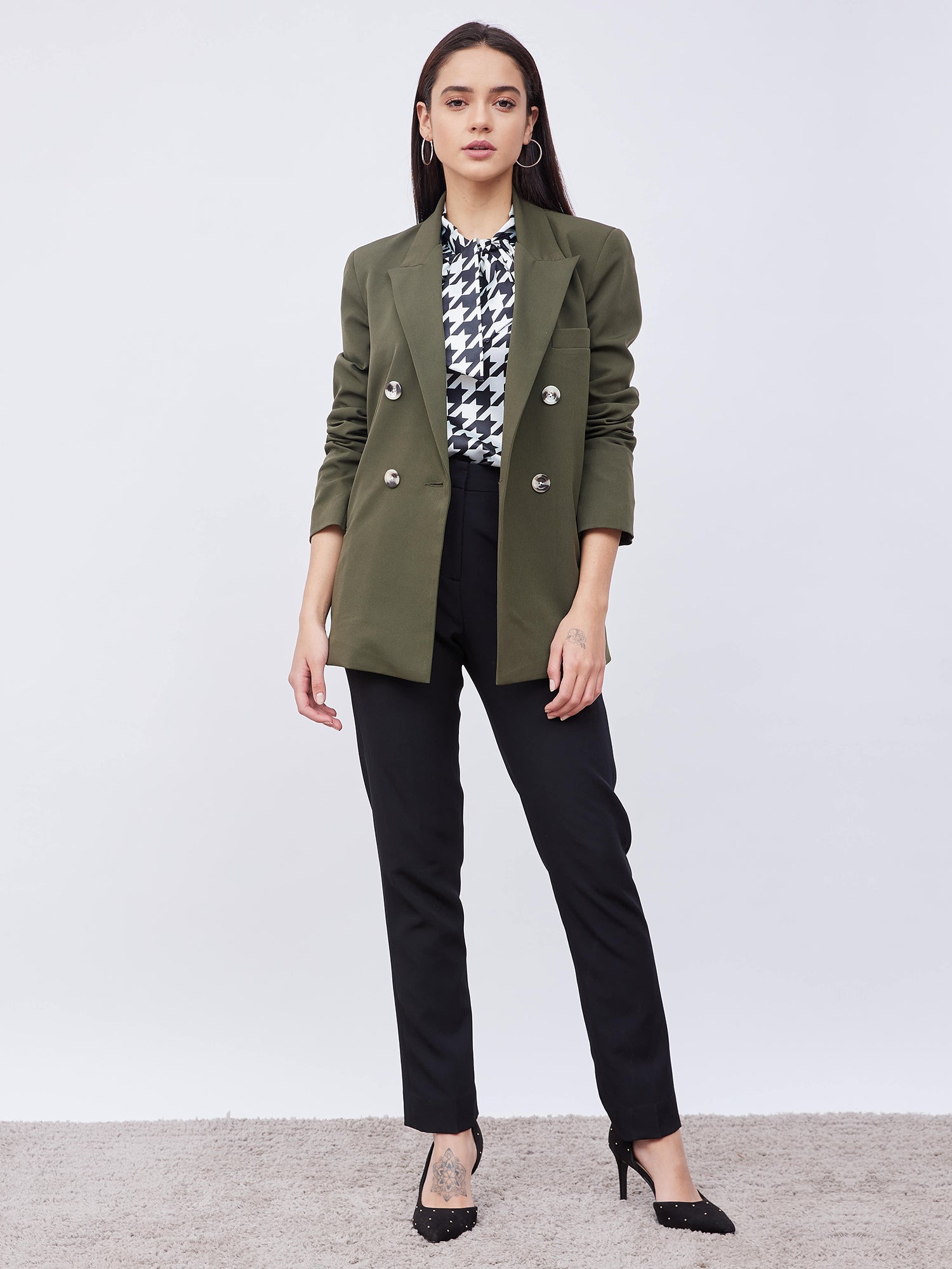 Astute Double-Breasted Longline Blazer - Olive Green