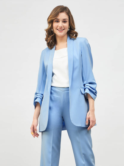 Spunky Ruched Sleeve Blazer -Sky Blue