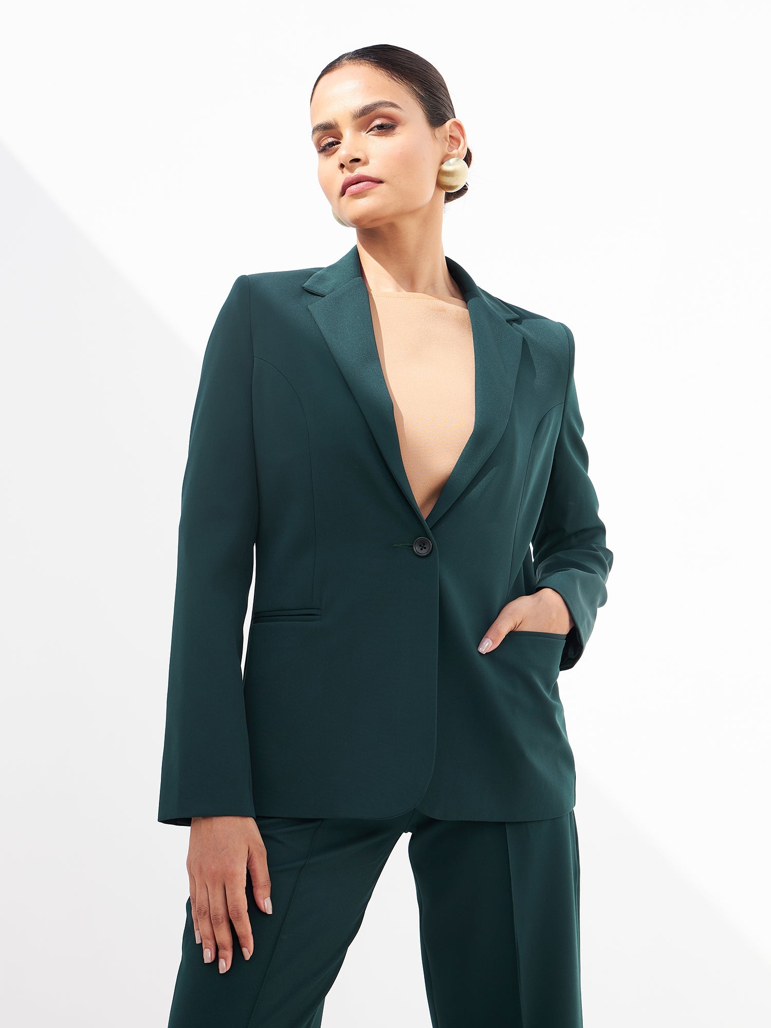 Gritty Single Breasted Blazer-Dark Green