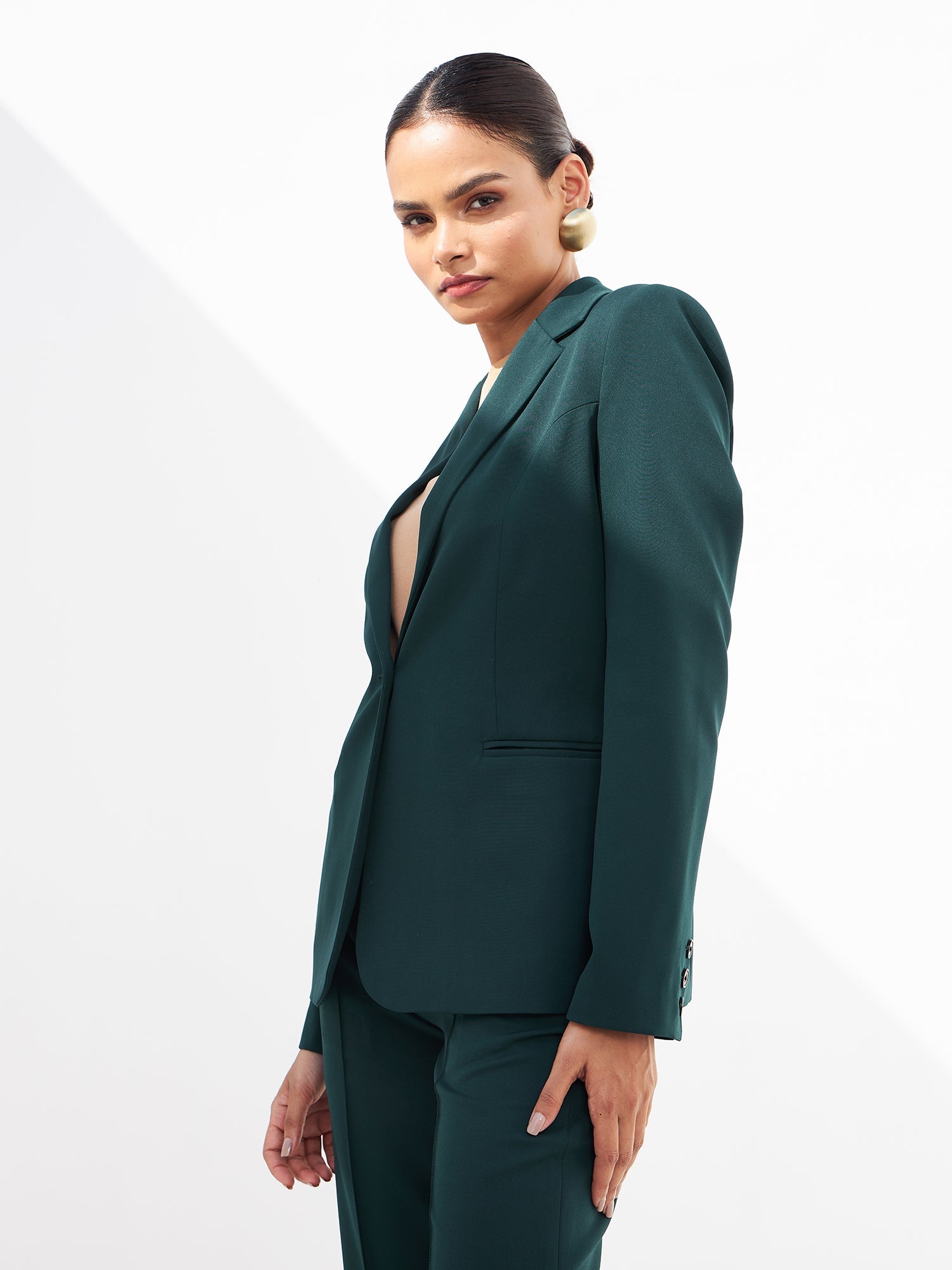 Gritty Single Breasted Blazer-Dark Green