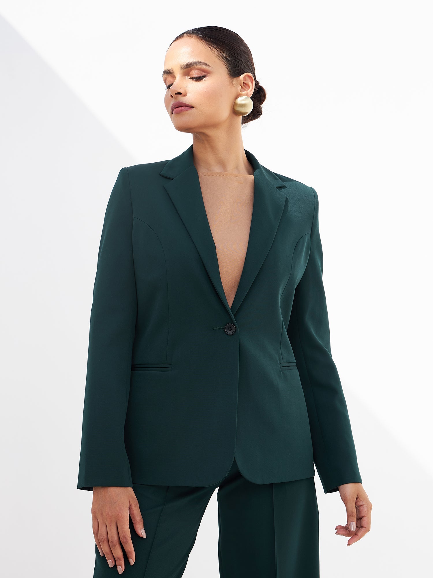 Gritty Single Breasted Blazer-Dark Green