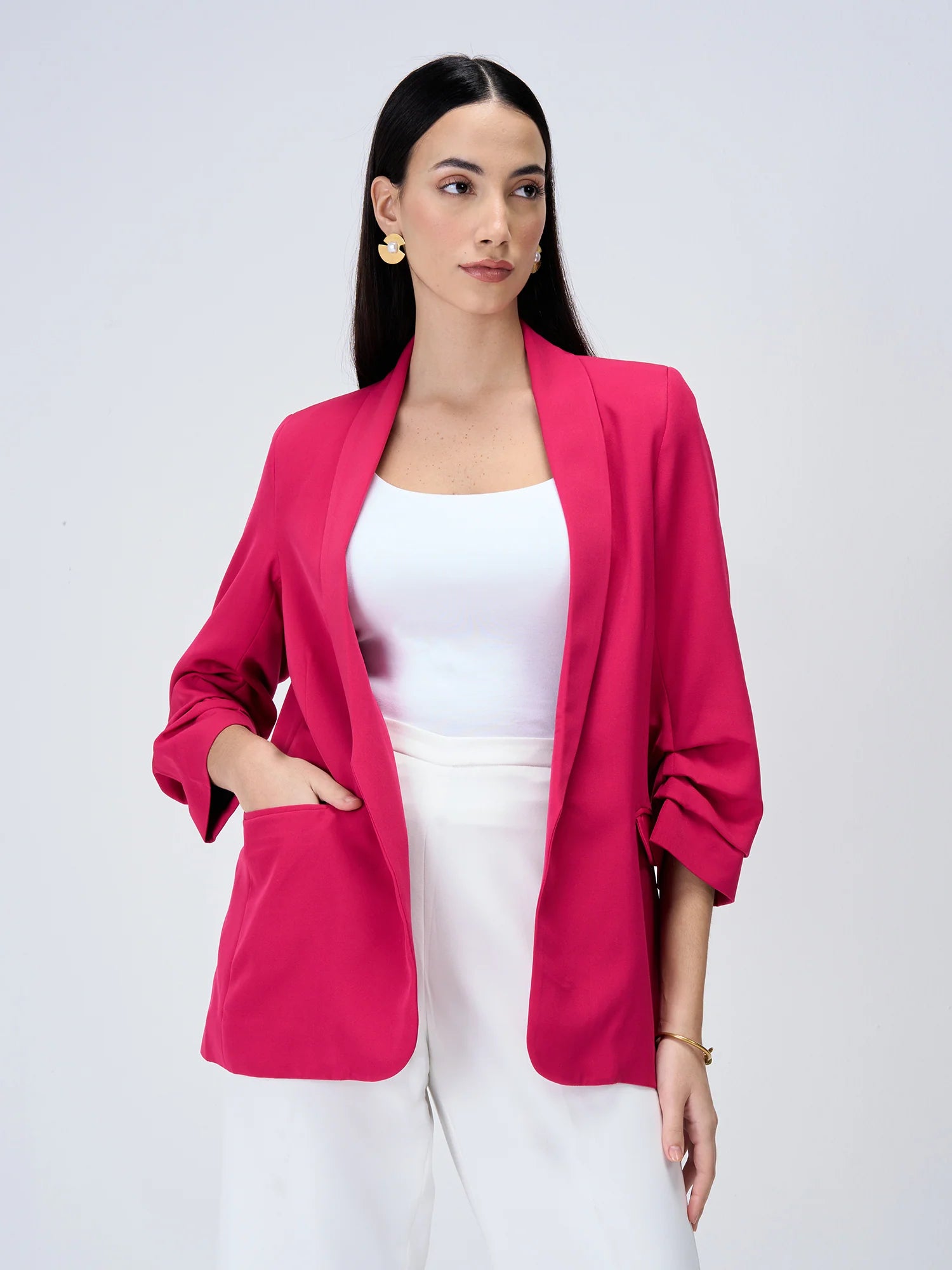Spunky Ruched Sleeve Blazer- Hot Pink