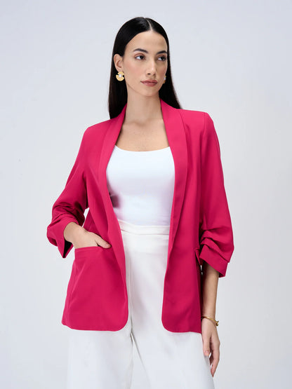 Spunky Ruched Sleeve Blazer- Hot Pink