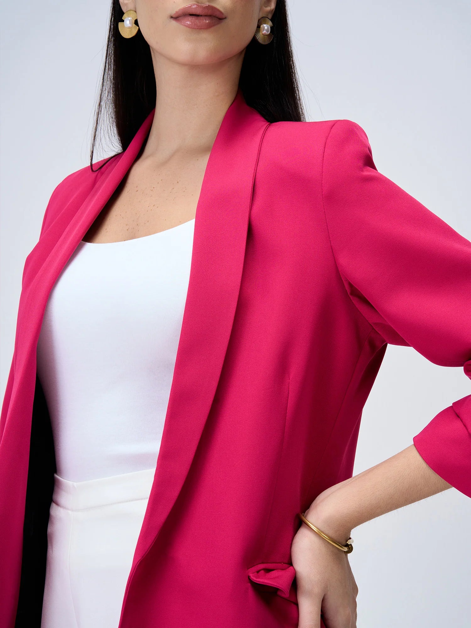 Spunky Ruched Sleeve Blazer- Hot Pink