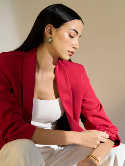 Spunky Ruched Sleeve Blazer- Hot Pink