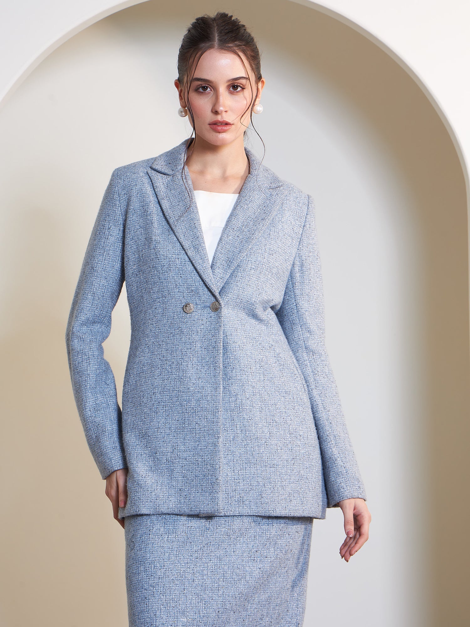 Sloane Double Breasted Tweed Blazer-Blue