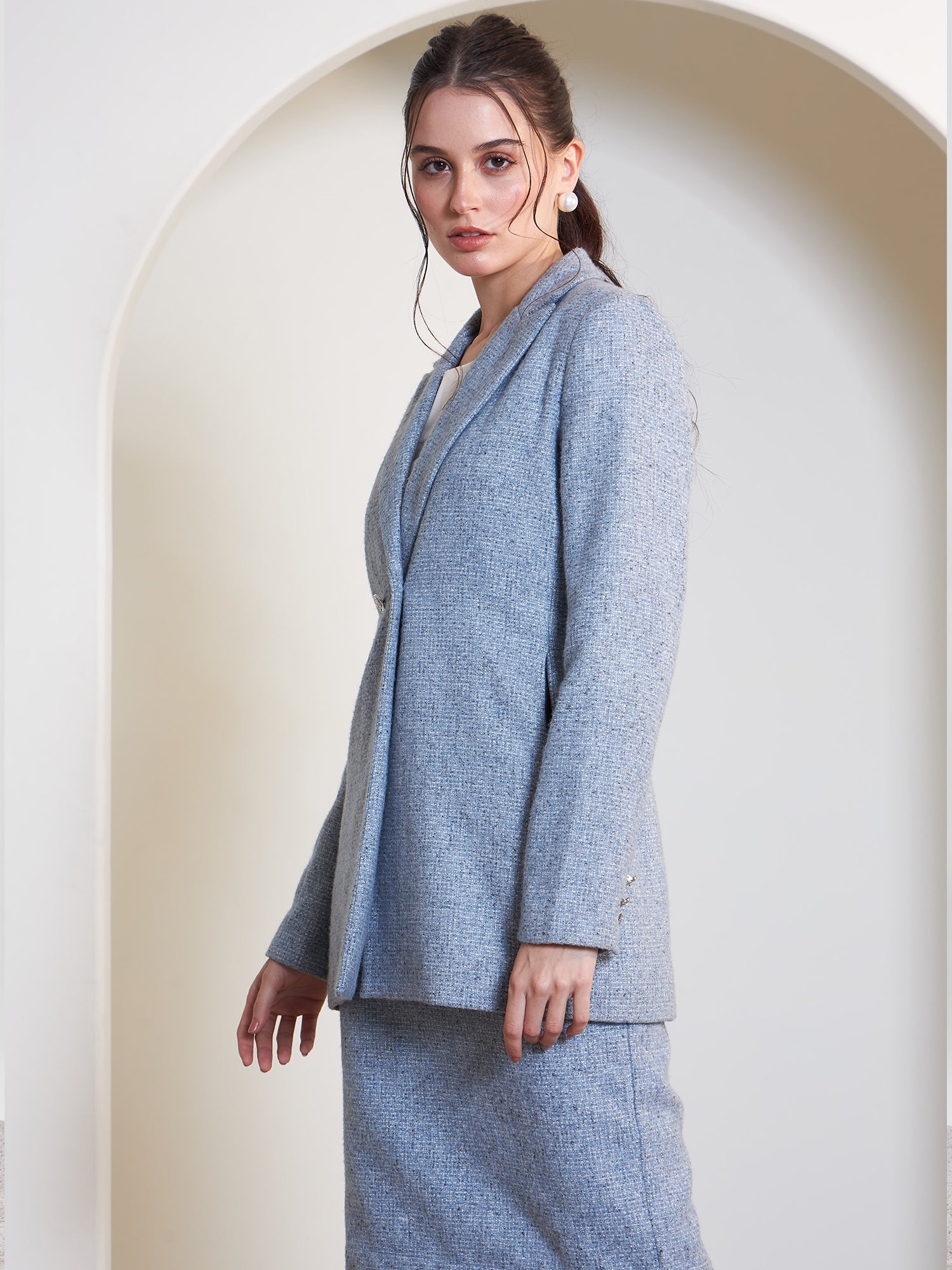 Sloane Double Breasted Tweed Blazer-Blue