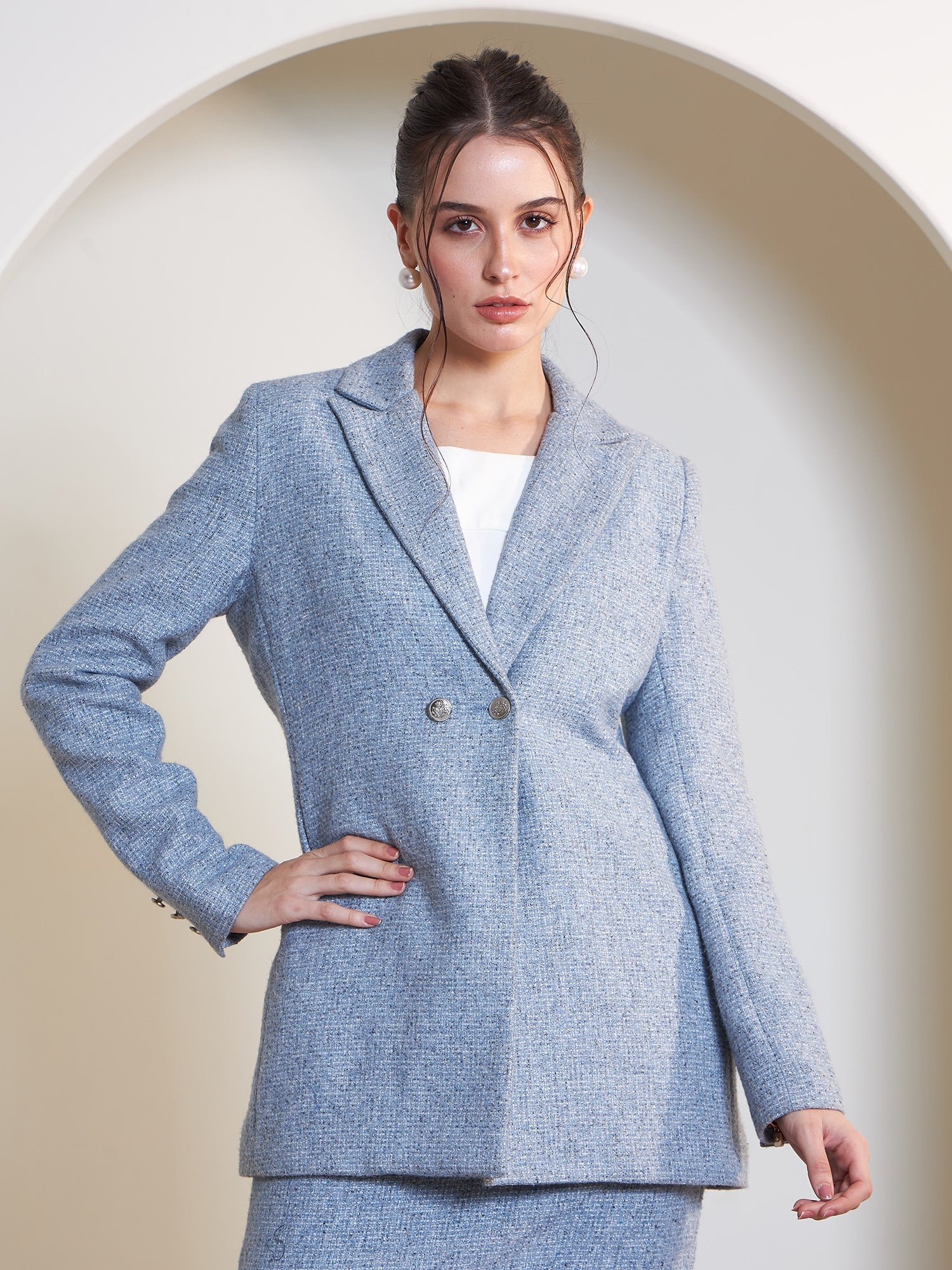 Sloane Double Breasted Tweed Blazer-Blue