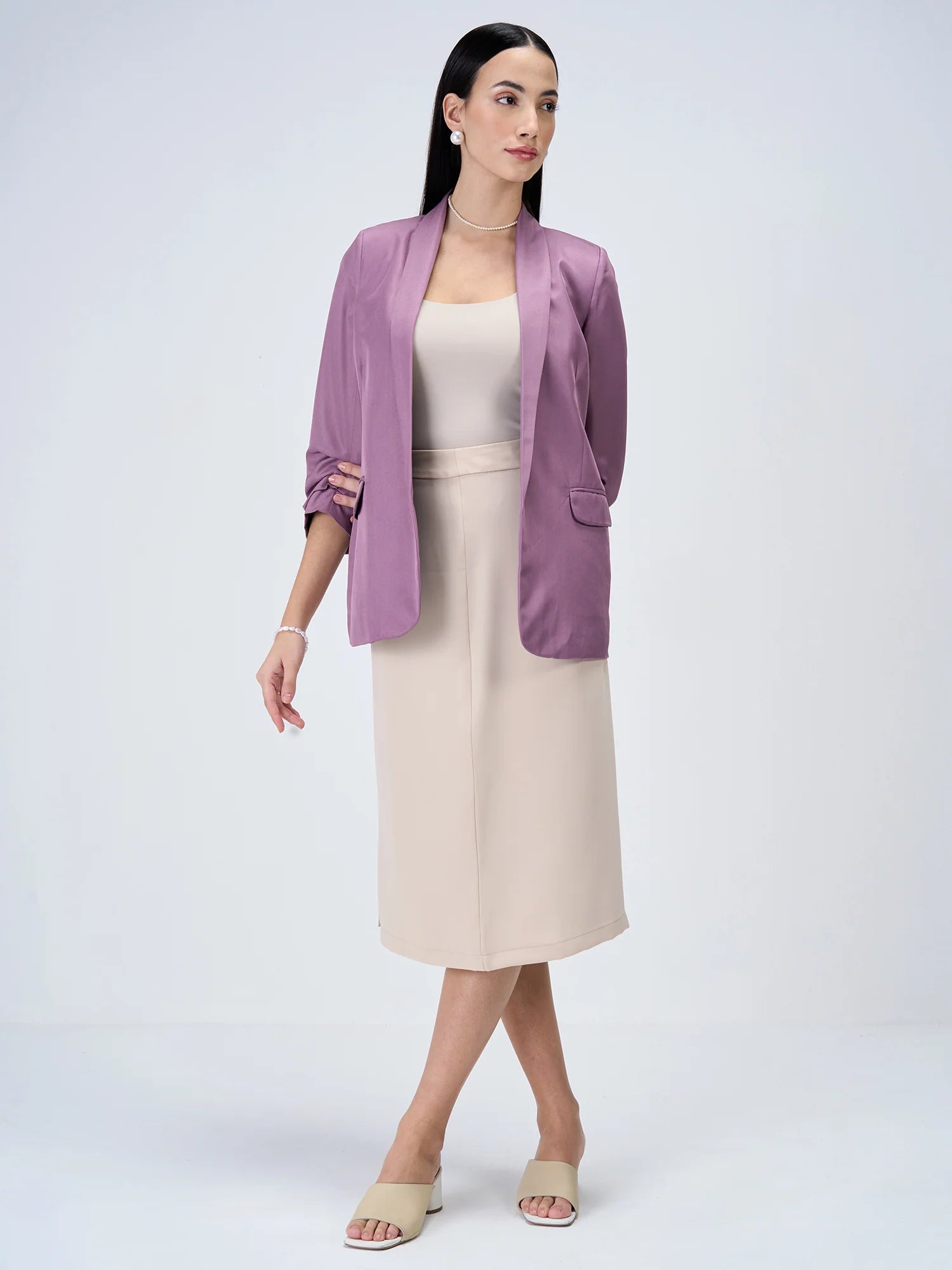 Iconic Ruched Sleeve Blazer-Mauve