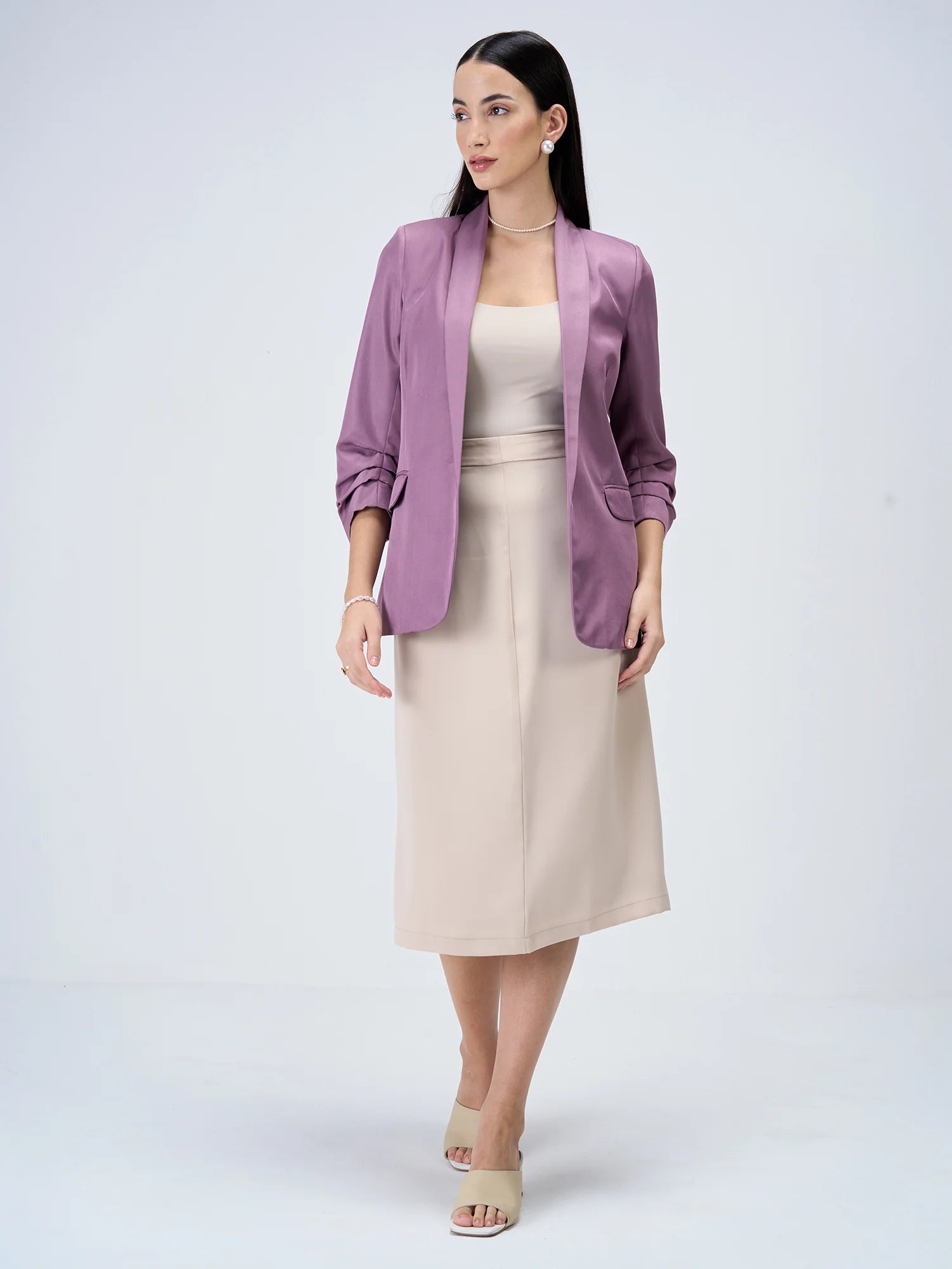 Iconic Ruched Sleeve Blazer-Mauve