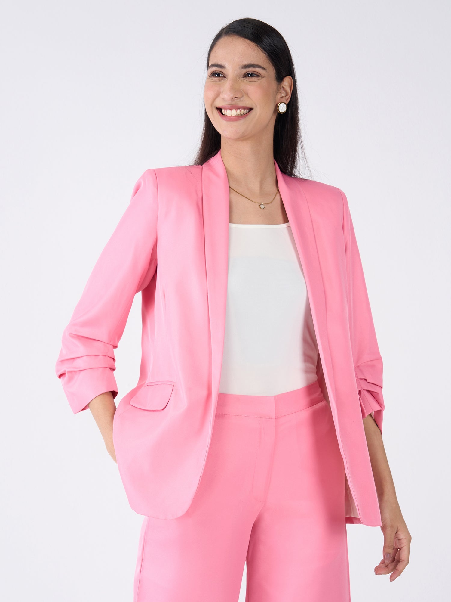 Iconic Ruched Sleeve Blazer-Candy Pink