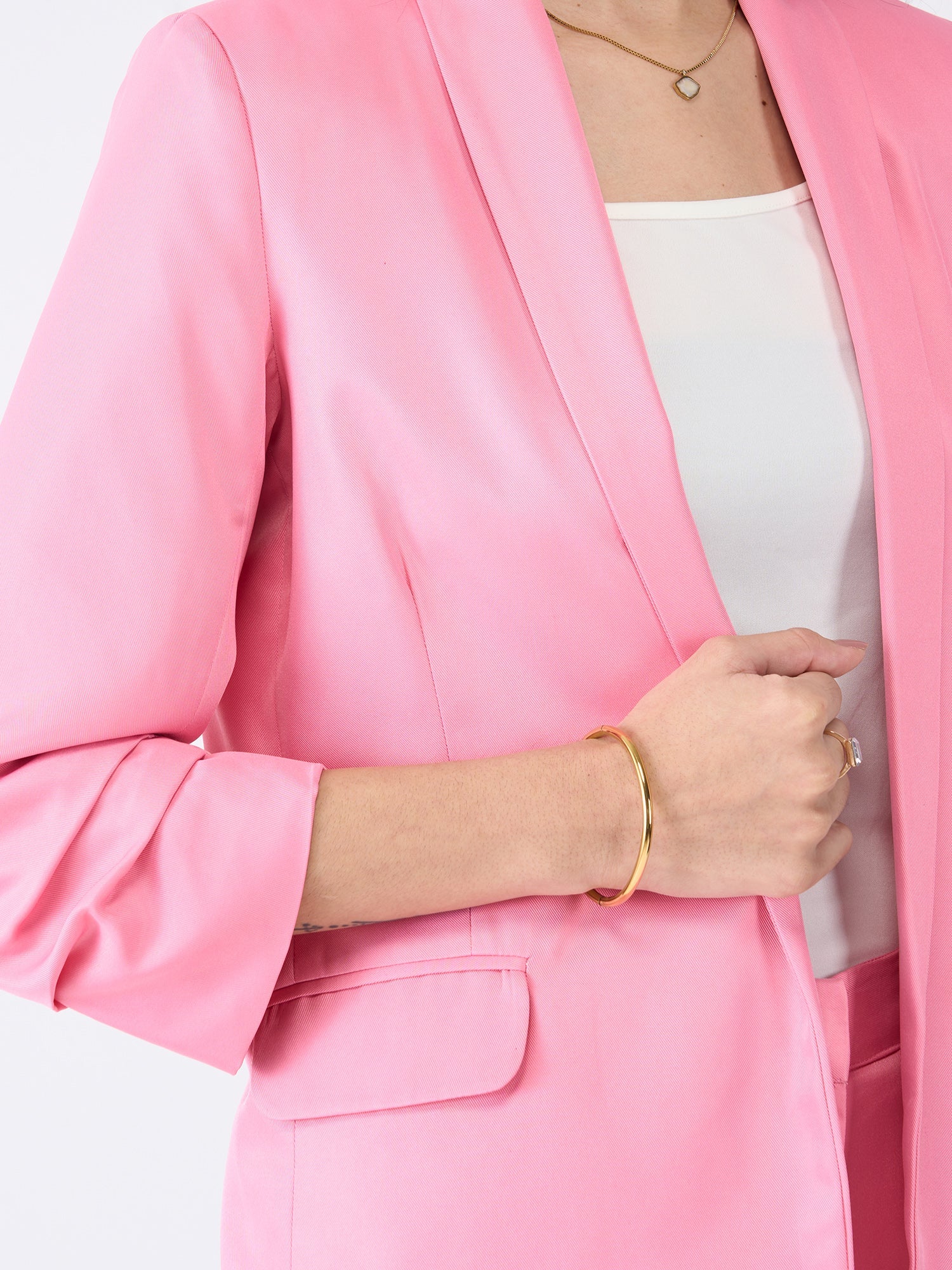 Iconic Ruched Sleeve Blazer-Candy Pink