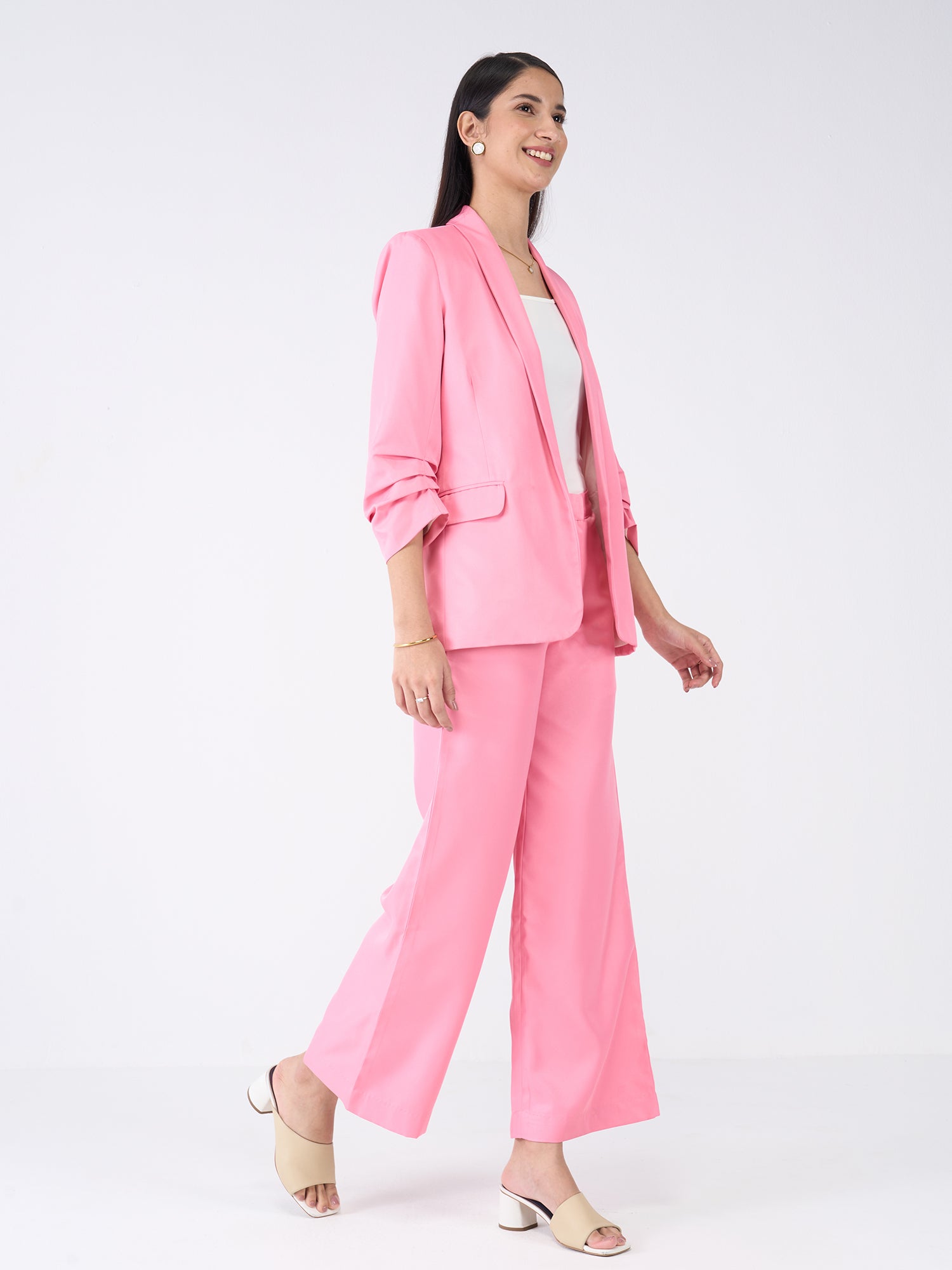 Iconic Ruched Sleeve Blazer-Candy Pink