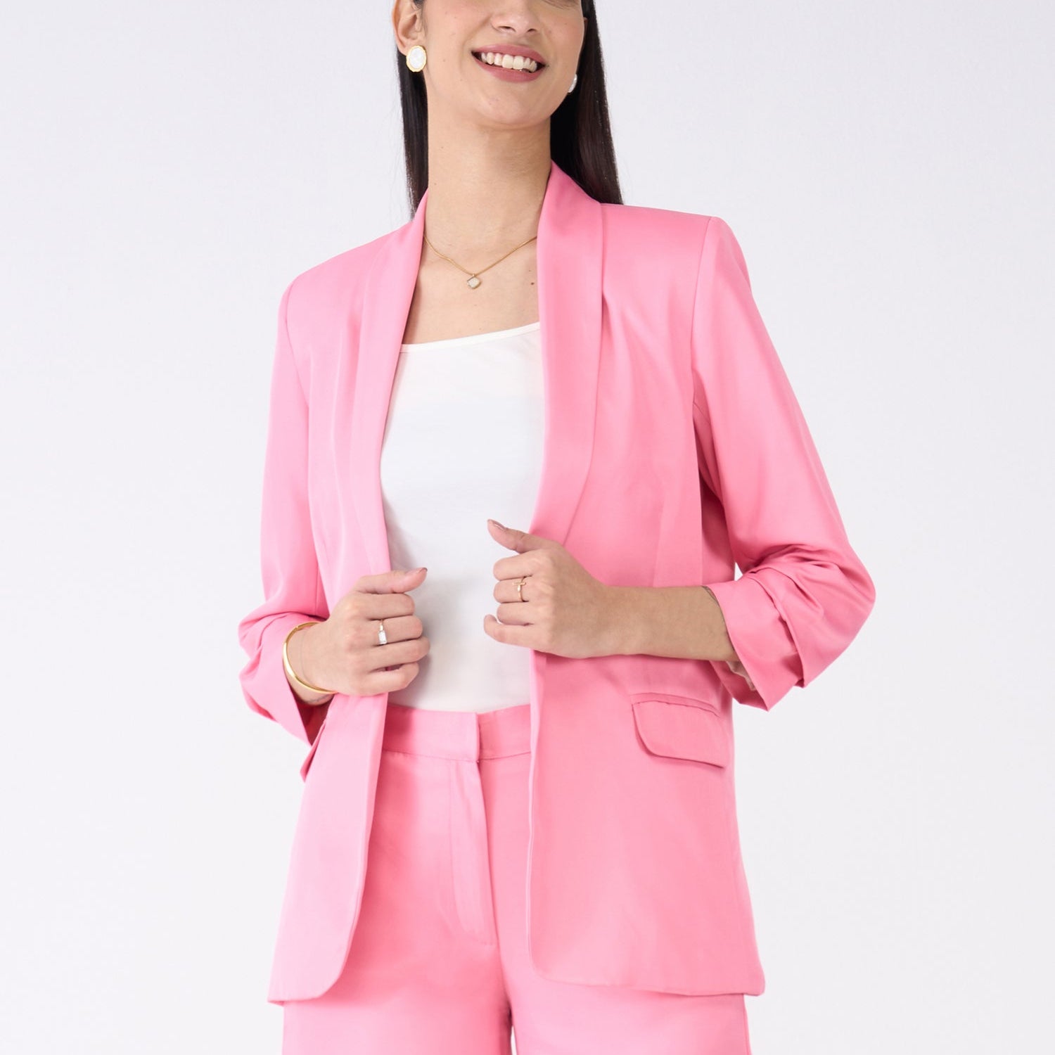 Iconic Ruched Sleeve Blazer-Candy Pink