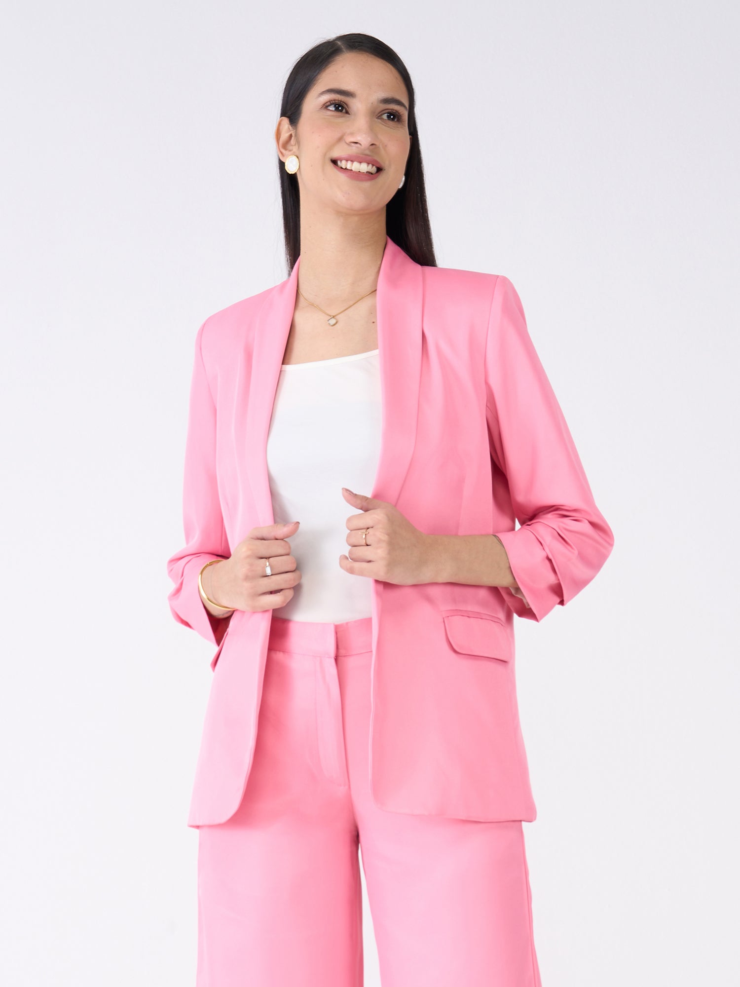 Iconic Ruched Sleeve Blazer-Candy Pink