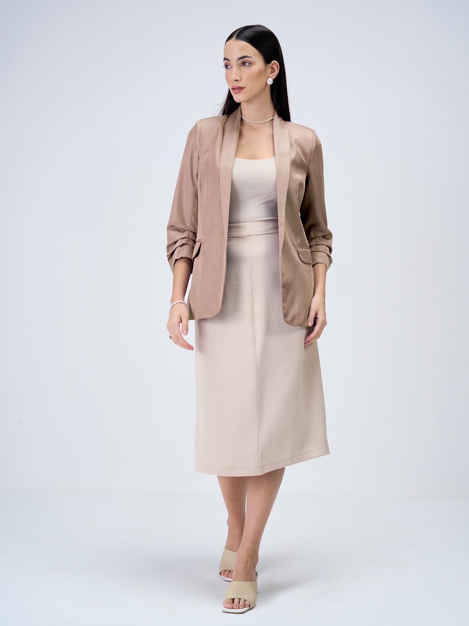 Iconic Ruched Sleeve Blazer-Dusty Peach