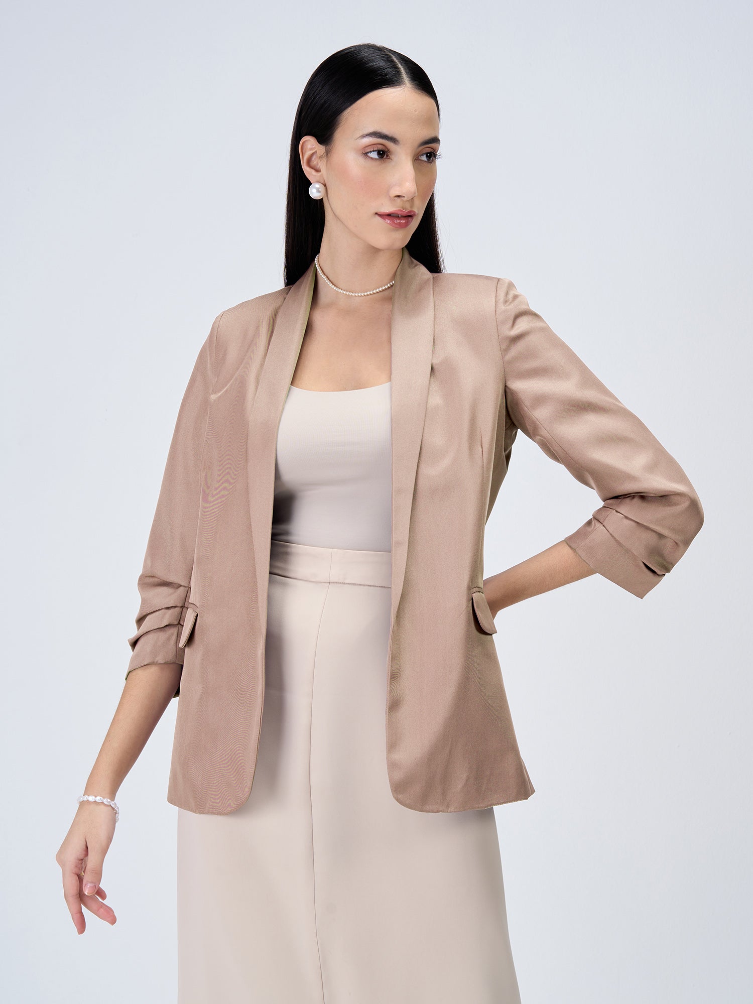 Iconic Ruched Sleeve Blazer-Dusty Peach