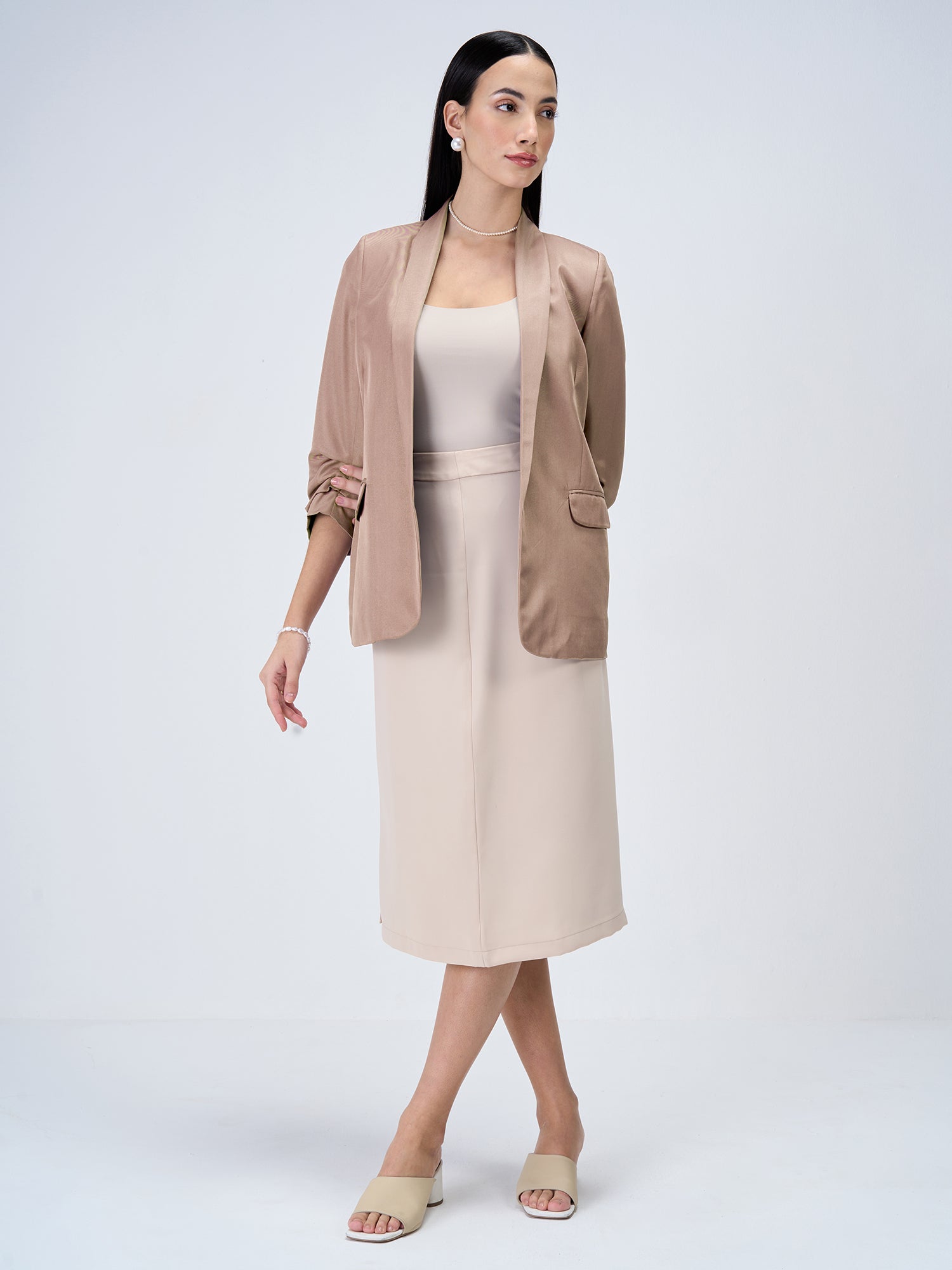 Iconic Ruched Sleeve Blazer-Dusty Peach