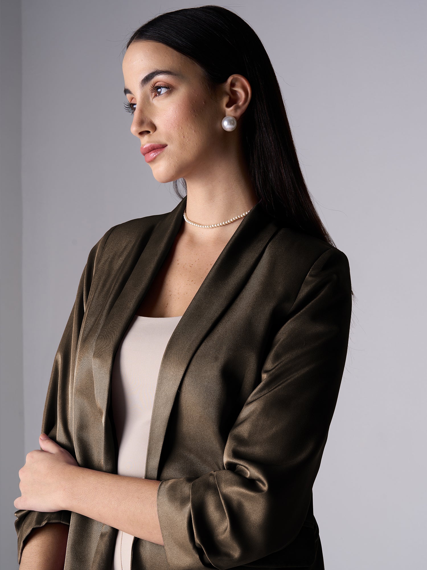 Iconic Ruched Sleeve Blazer - Umber Green