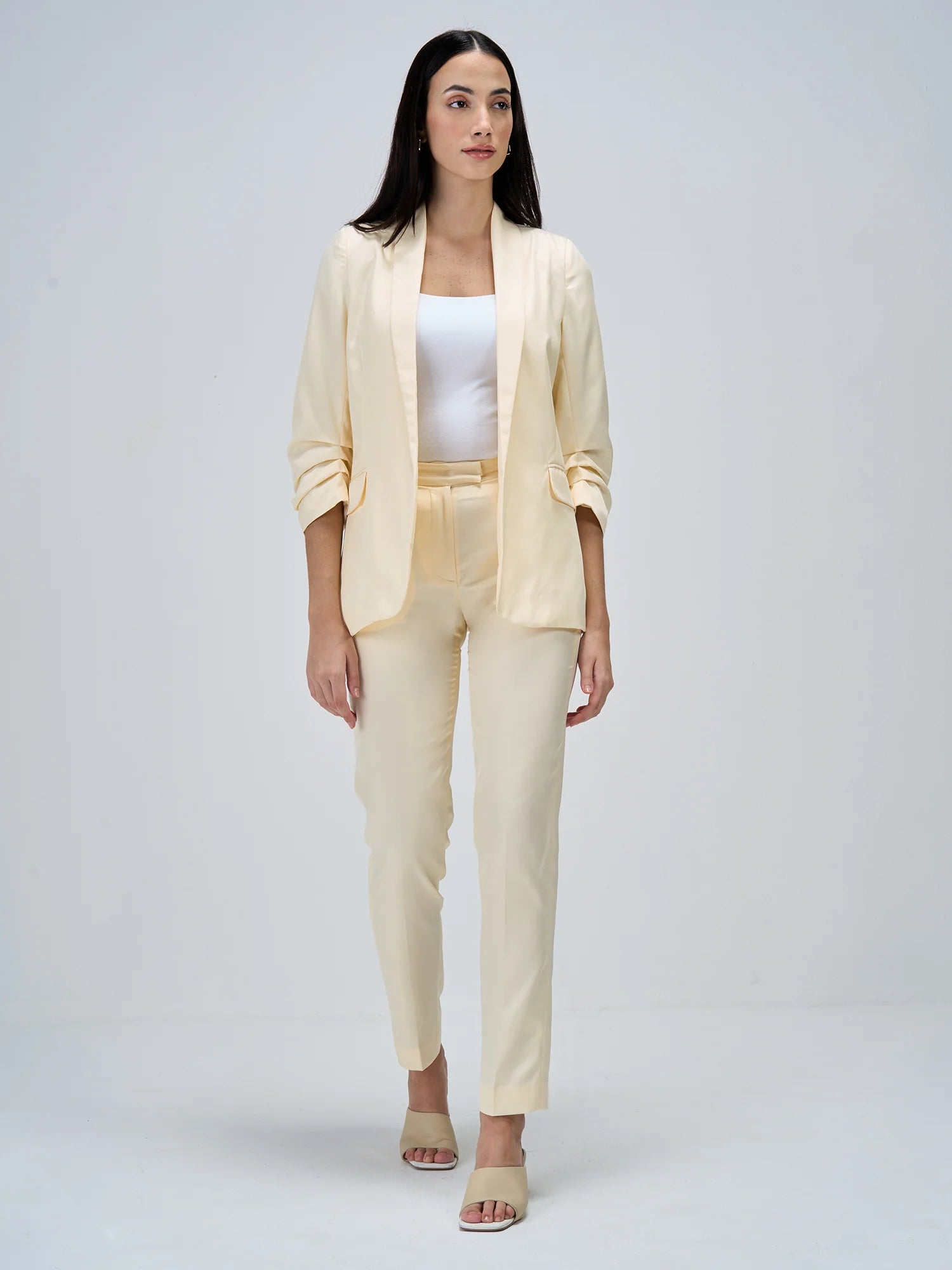 Iconic Ruched Sleeve Blazer-Cream