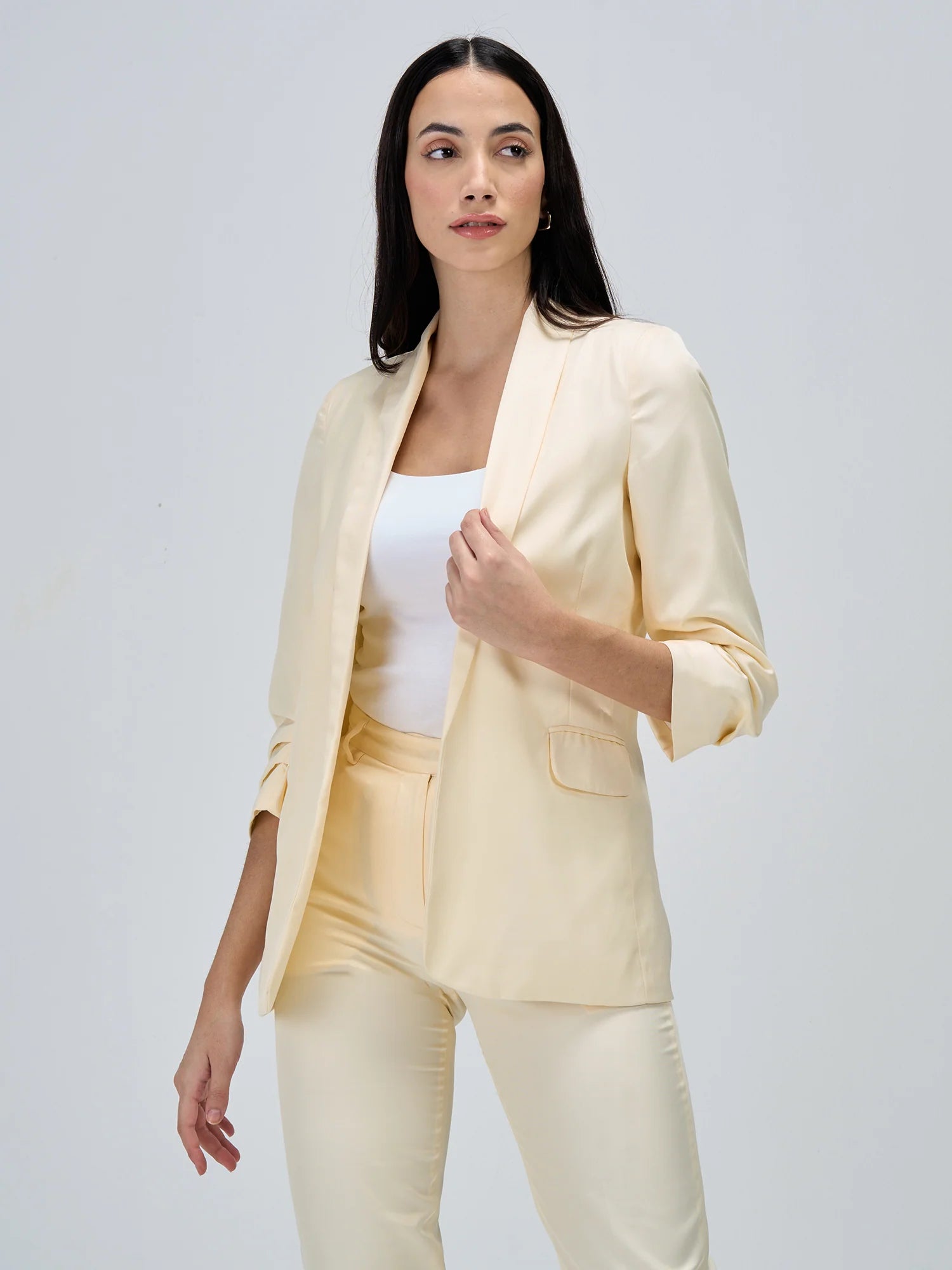 Iconic Ruched Sleeve Blazer-Cream