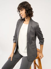 Spunky Striped Ruched Sleeve Blazer-Grey/White