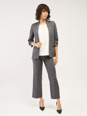 Spunky Striped Ruched Sleeve Blazer-Grey/White