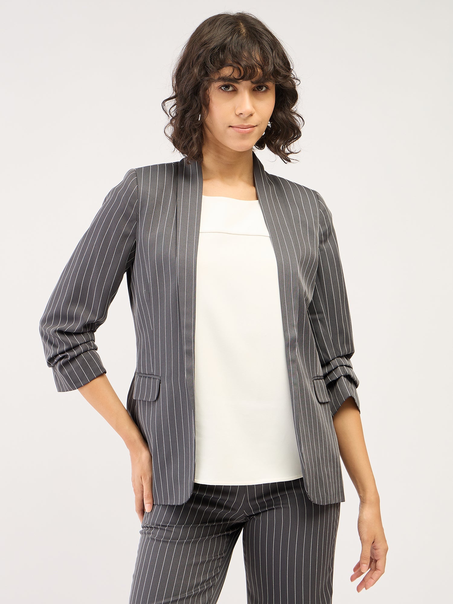 Spunky Striped Ruched Sleeve Blazer-Grey/White