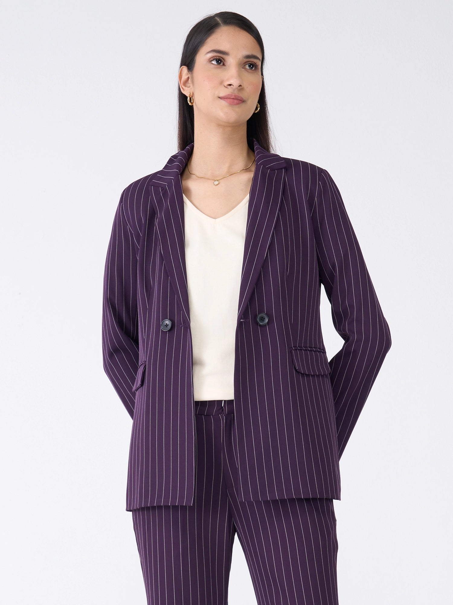 Bold Striped Double Breasted Blazer-Purple & White Stripe