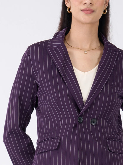 Bold Striped Double Breasted Blazer-Purple &amp; White Stripe
