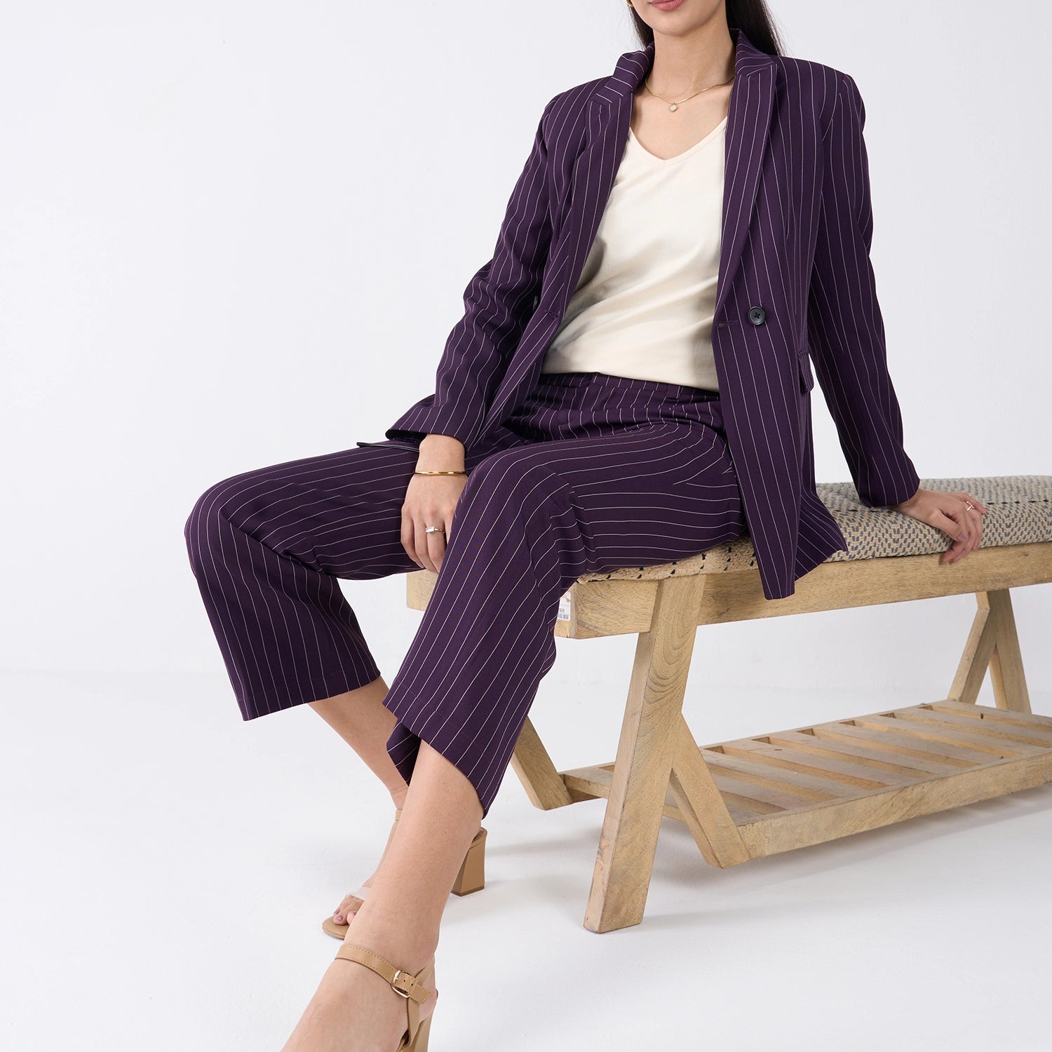 Bold Striped Double Breasted Blazer-Purple & White Stripe