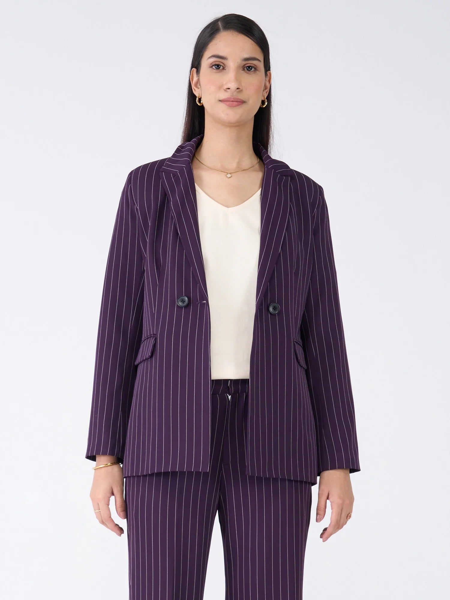 Bold Striped Double Breasted Blazer-Purple &amp; White Stripe