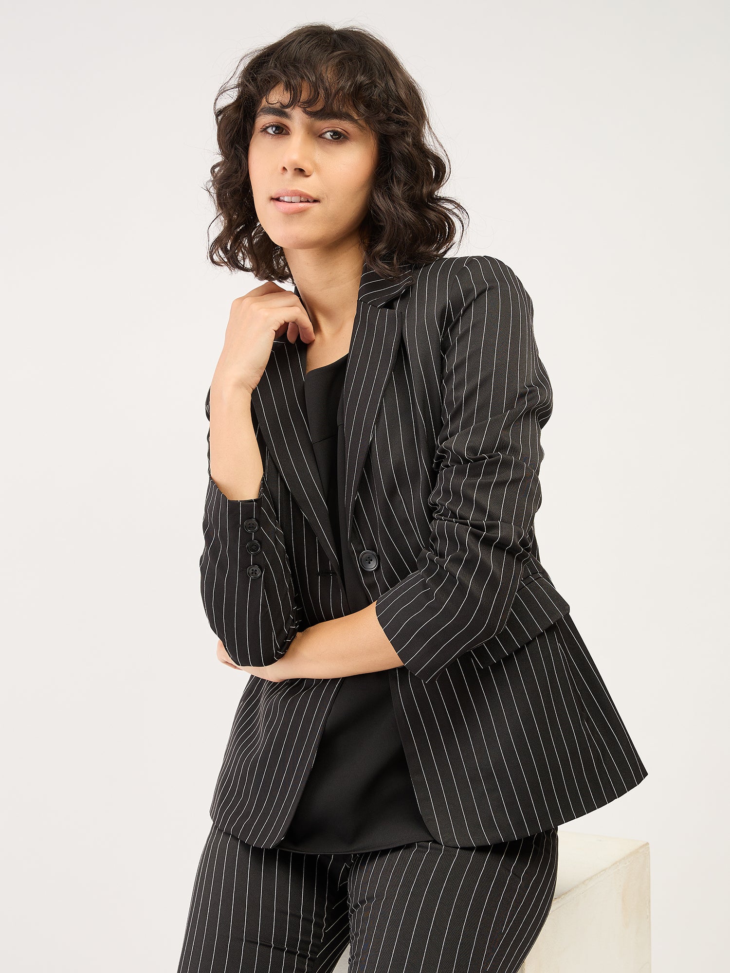 Sincere-Black Stripes Striped Single Breasted Blazer - Black &amp; White
