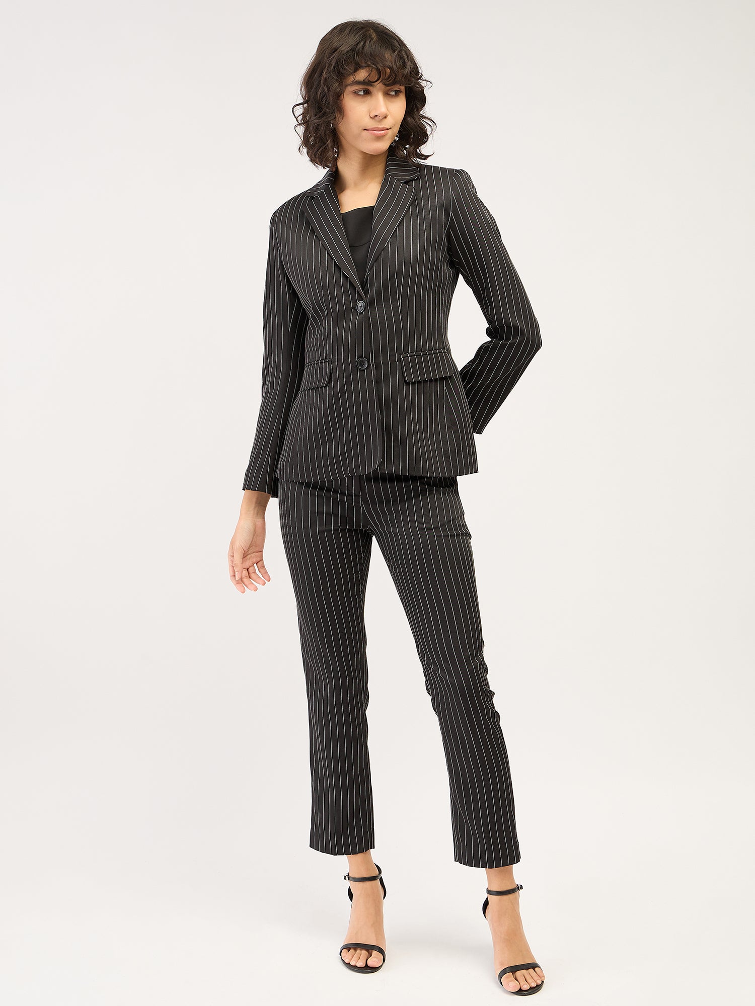 Sincere-Black Stripes Striped Single Breasted Blazer - Black & White