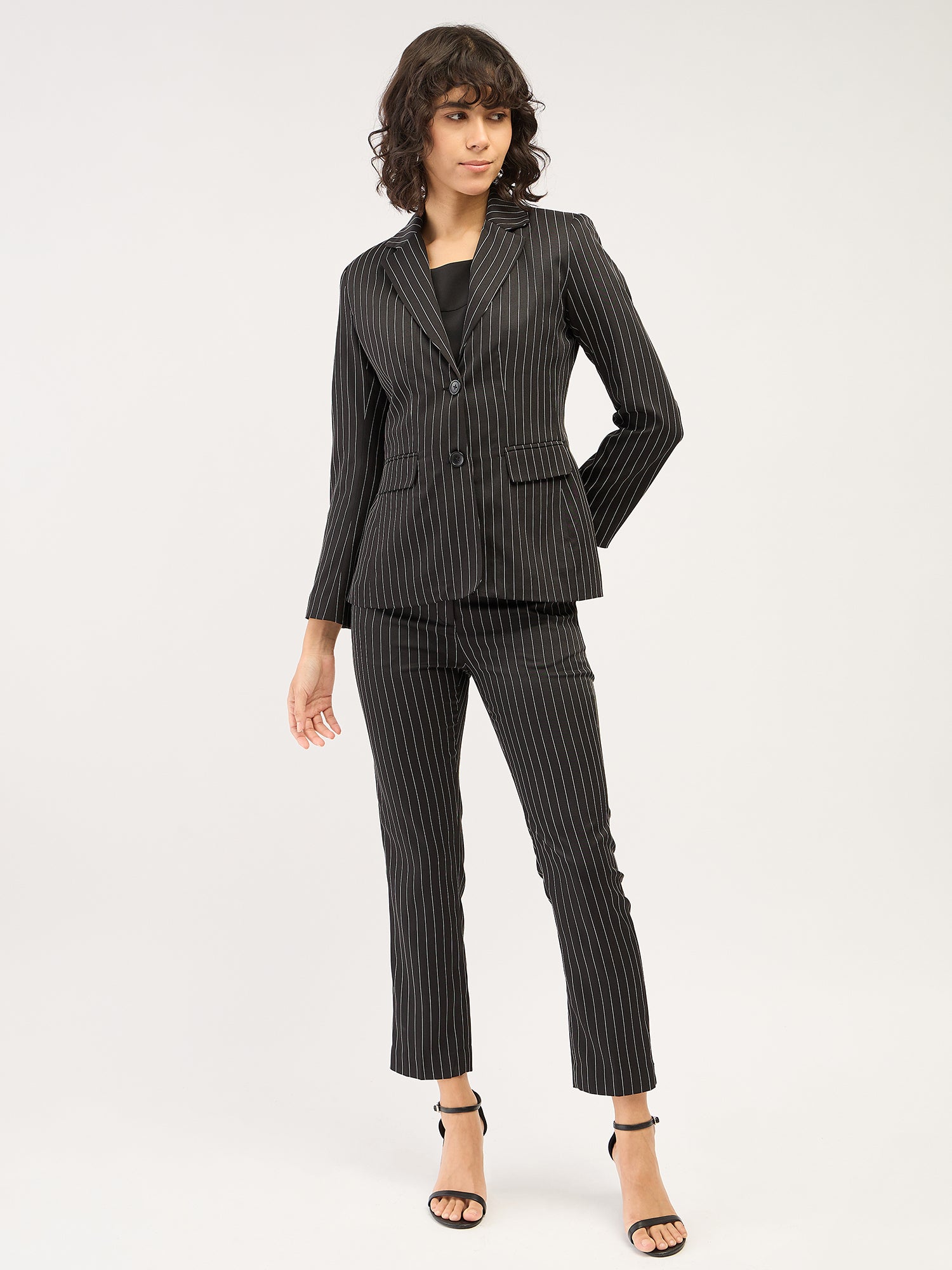 Sincere-Black Stripes Striped Single Breasted Blazer - Black &amp; White