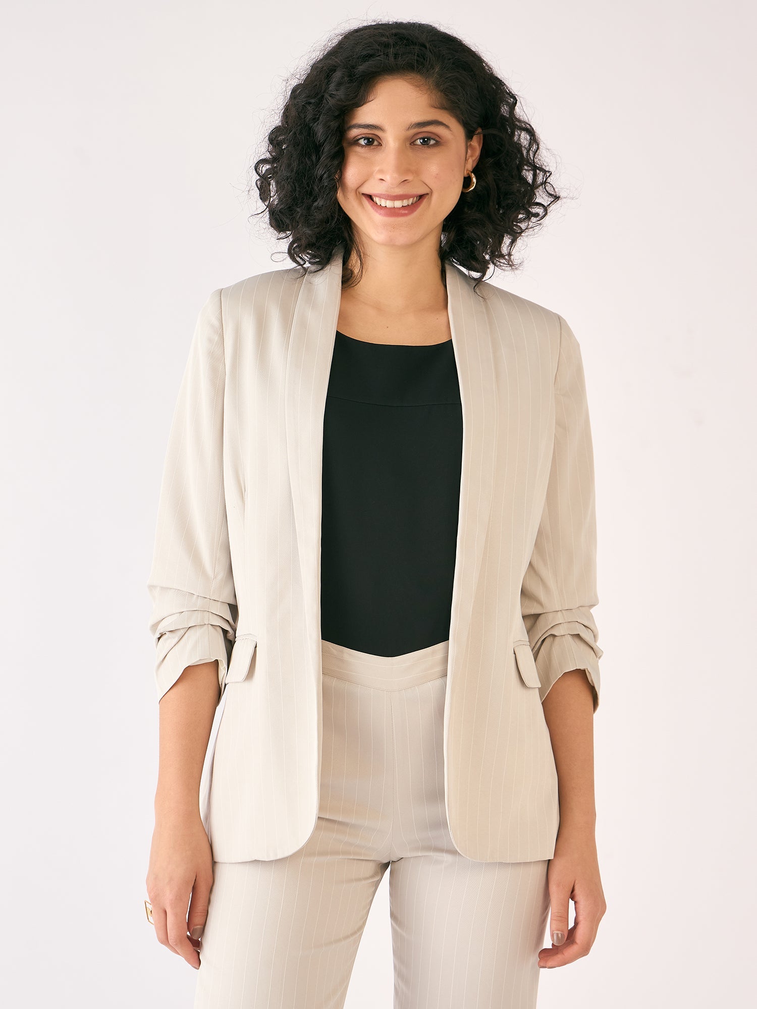 Spunky Striped Ruched Sleeve Blazer - Off White