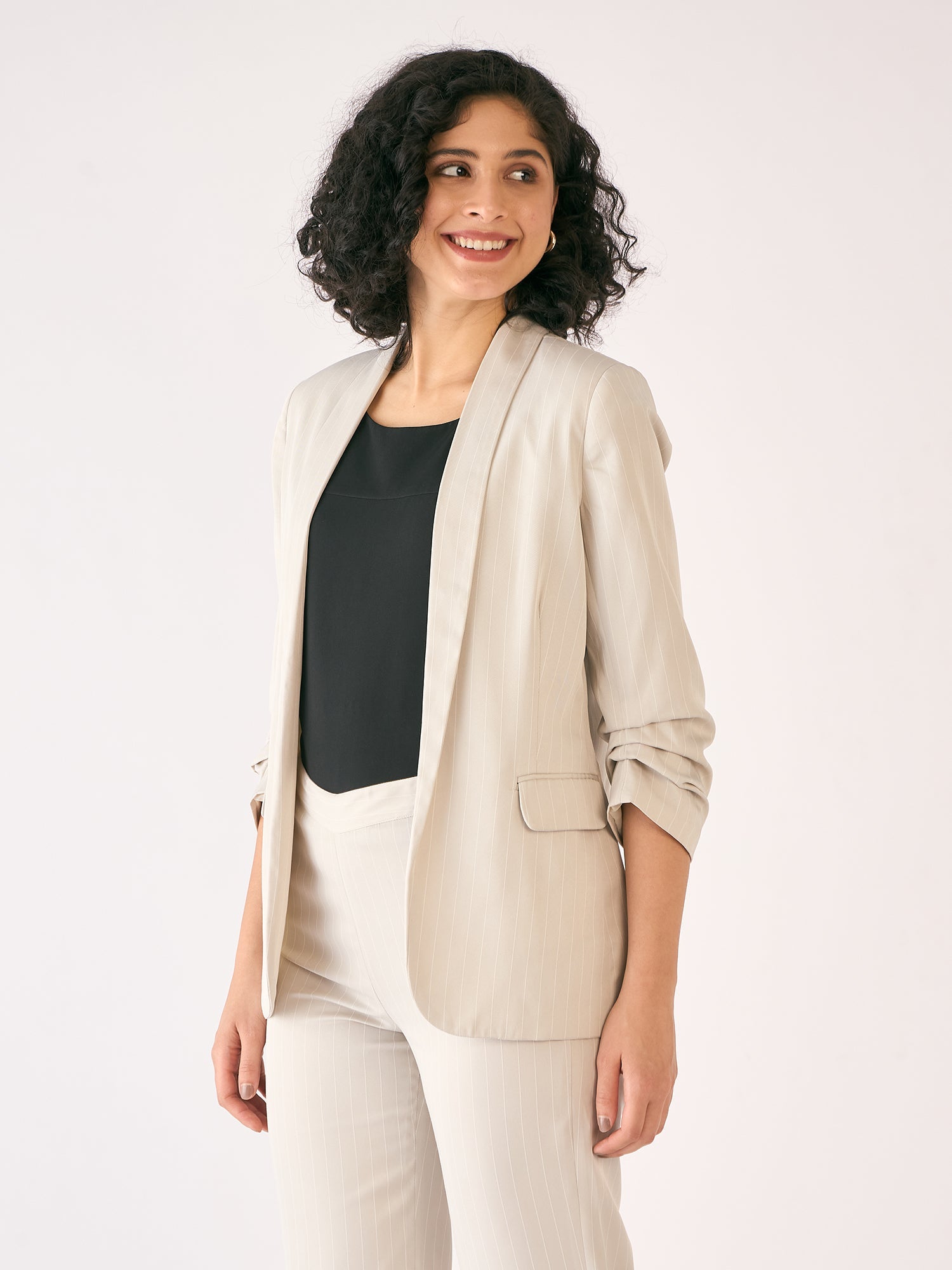 Spunky Striped Ruched Sleeve Blazer - Off White