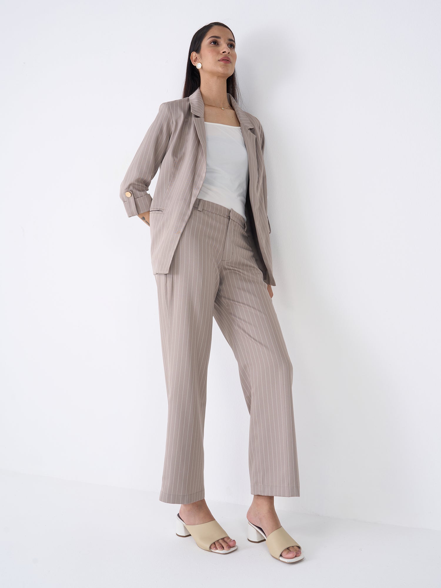 Ecuador Striped Rolled-Up Sleeves Blazer-Taupe/White