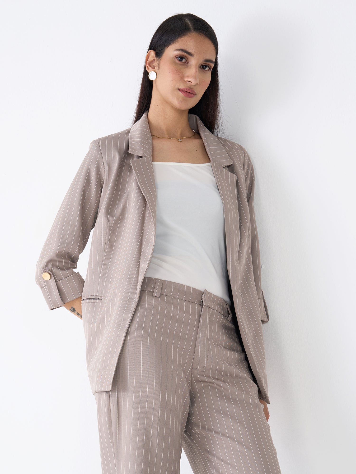 Ecuador Striped Rolled-Up Sleeves Blazer-Taupe/White