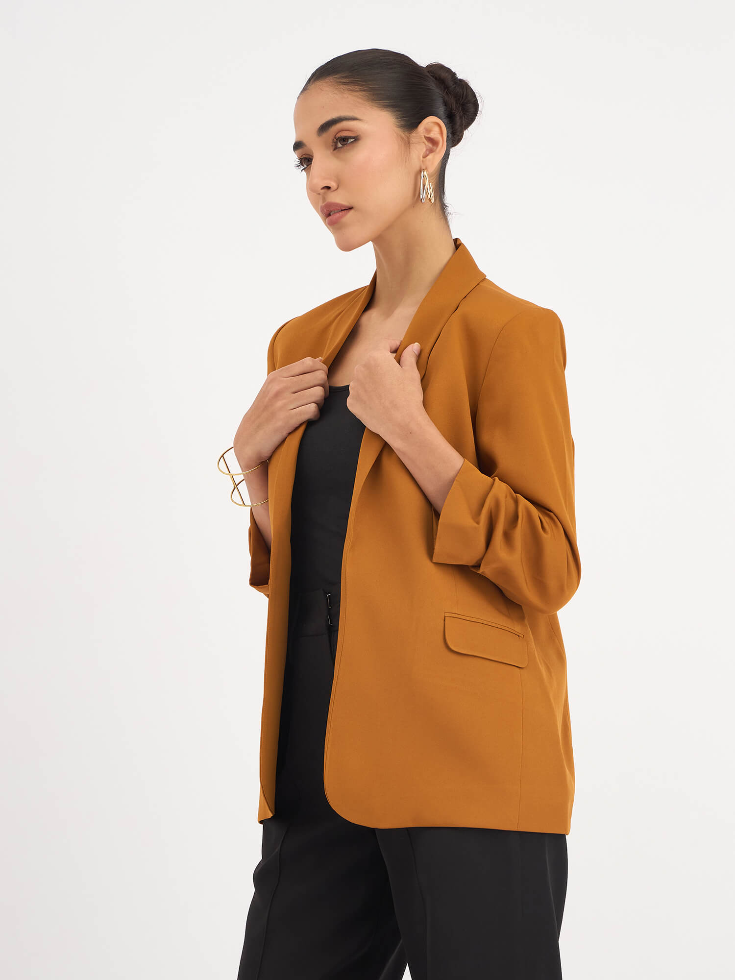 Iconic Ruched sleeve blazer - Tan Brown