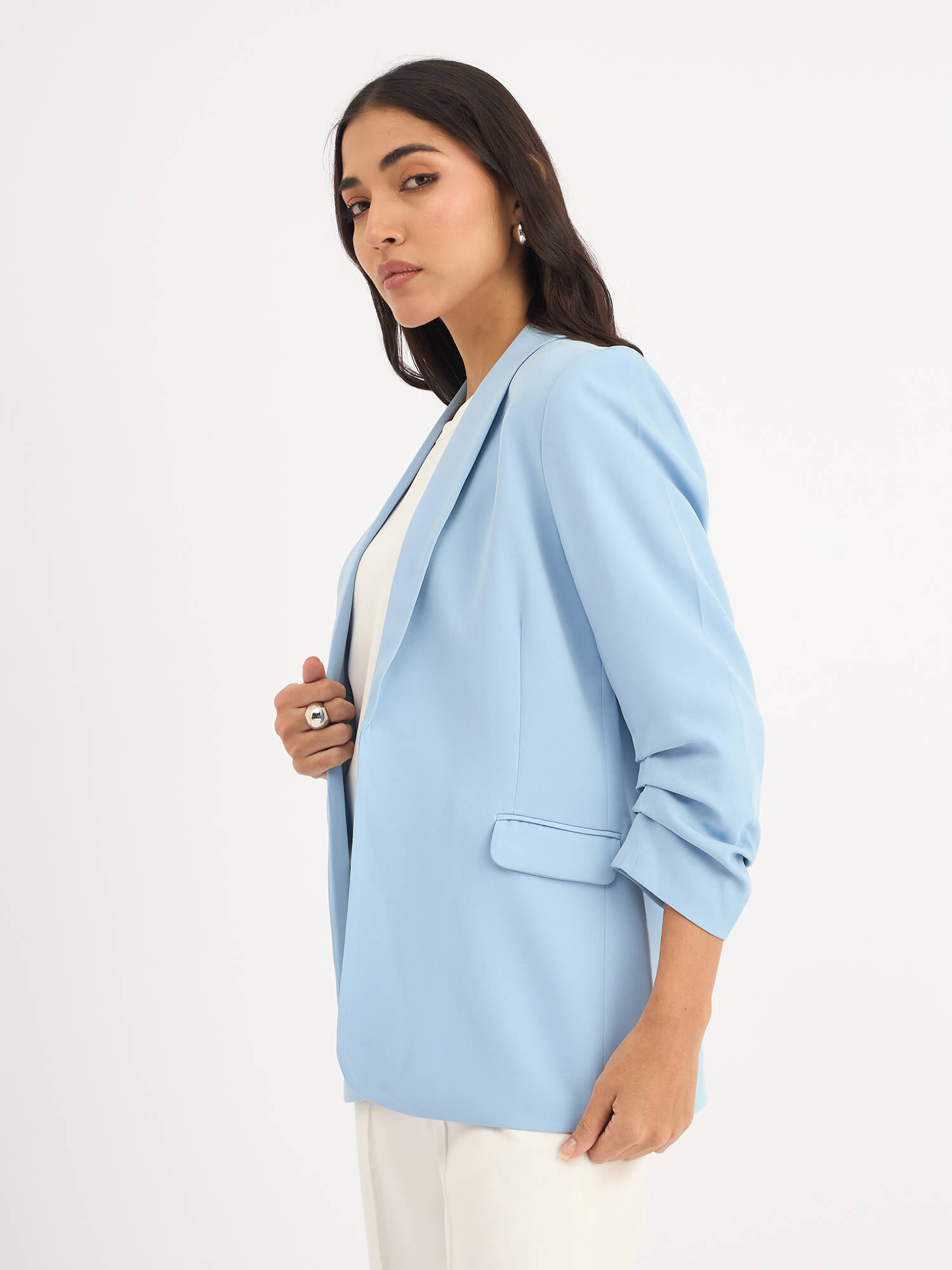 Iconic Ruched Sleeve Blazer - Sky Blue