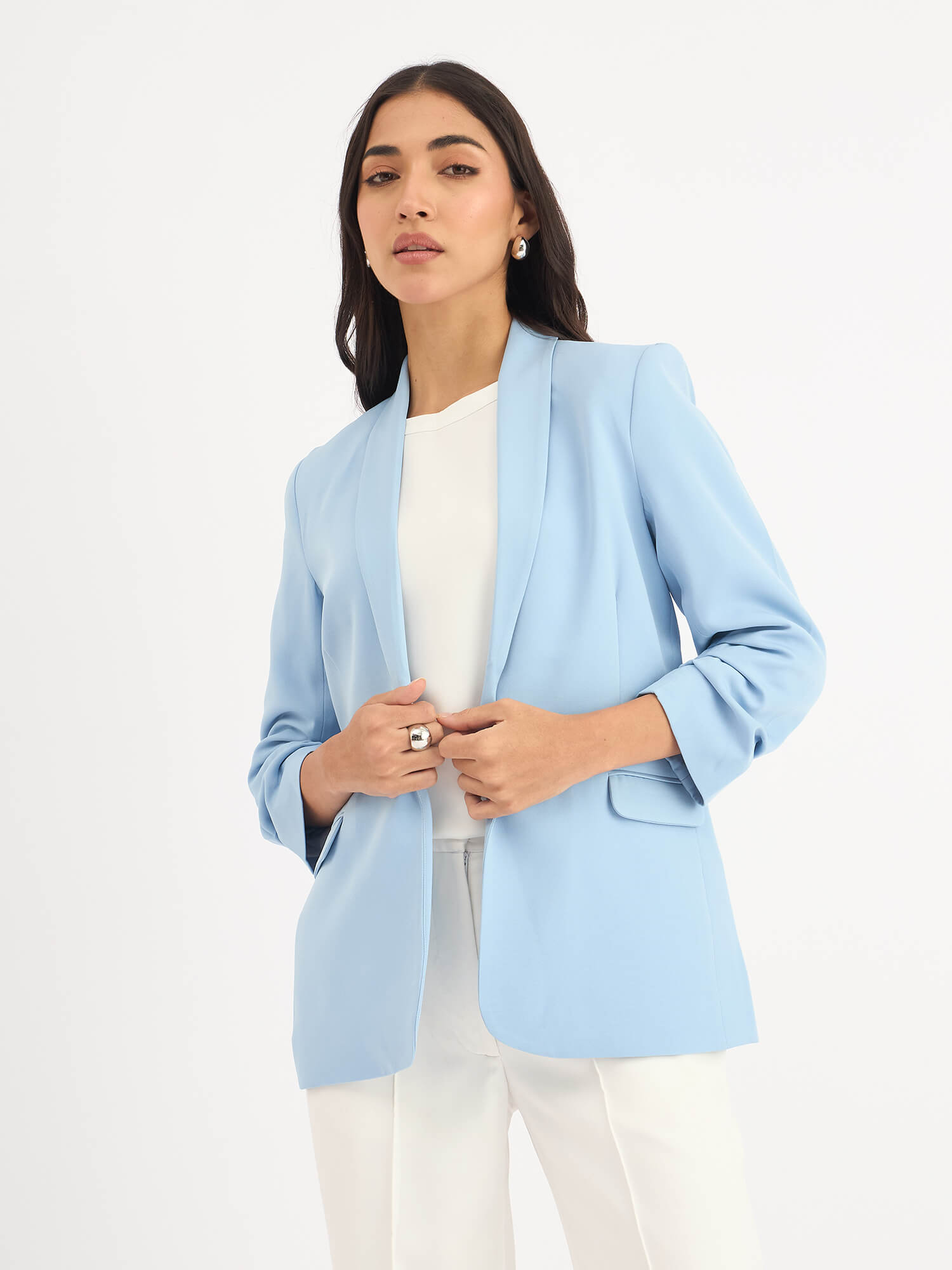 Iconic Ruched Sleeve Blazer - Sky Blue