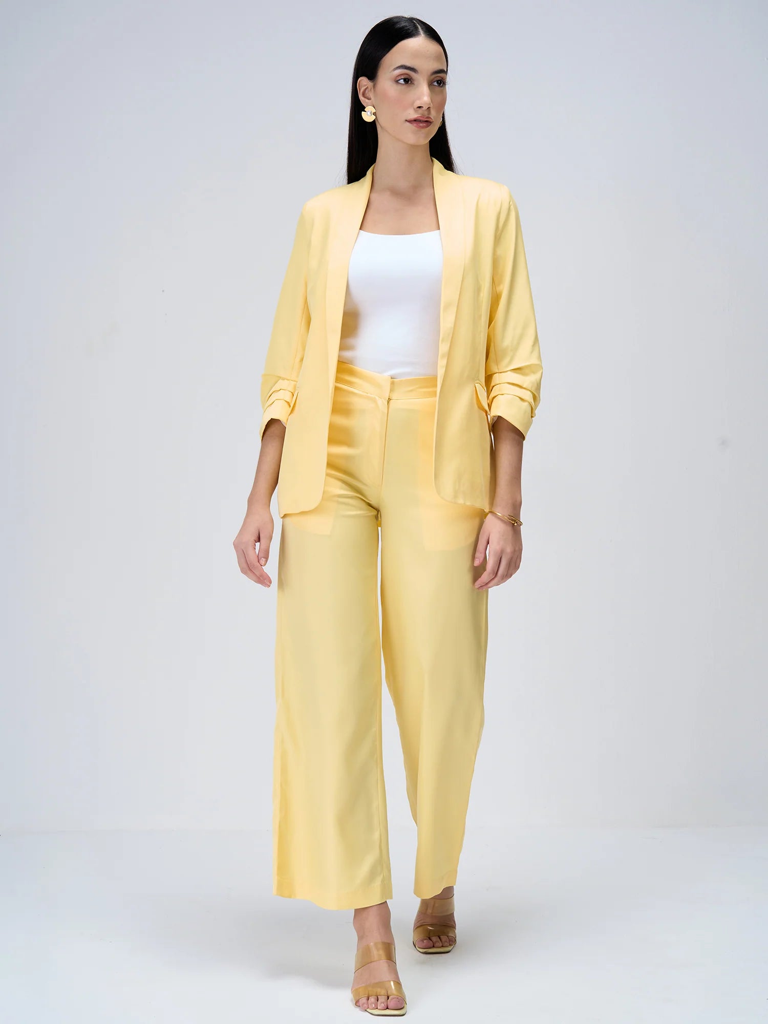 Iconic Ruched Sleeve Blazer-Yellow