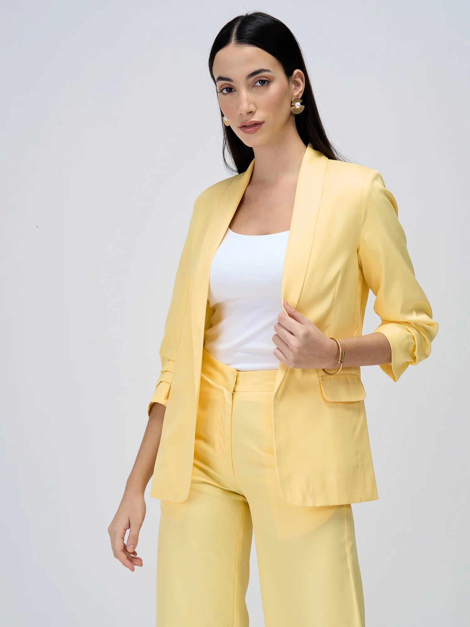 Iconic Ruched Sleeve Blazer-Yellow